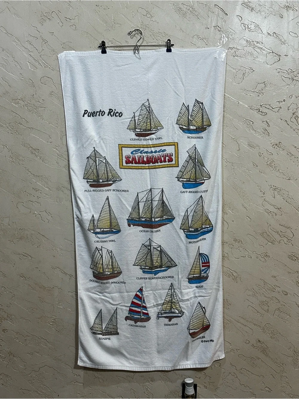 Puerto Rico Classic Sailboats Souvenir White Graphic Beach Towel approx 30”x57”
